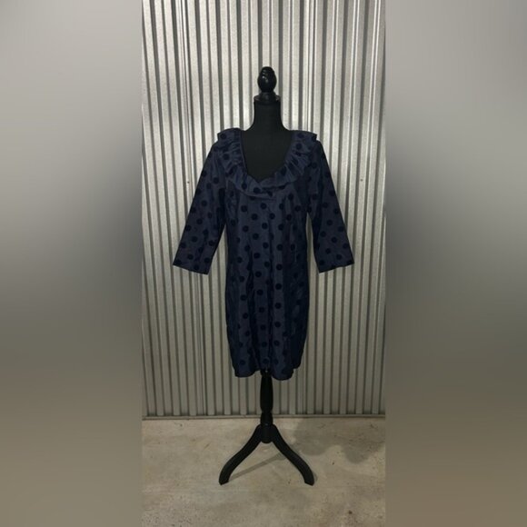 Devon Baer Dresses & Skirts - Women’s Devon Baer Navy Blue Polka Dot Silk Ruffle Long Sleeve Midi Dress Large